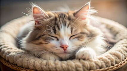 Adorable balls of fluff feline sweetly reclines on soft cushion, peaceful closed eyes, and delicate pink nose in serene slumber.