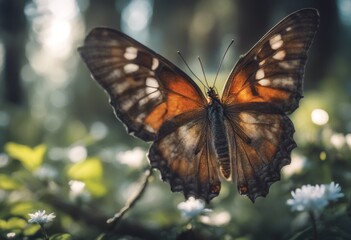 Naklejka premium butterfly amidst trees illuminated