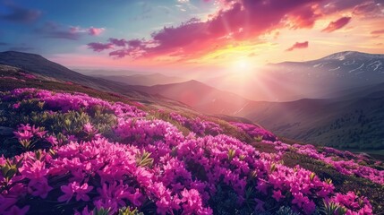 Charming pink flower rhododendrons at magical sunset. Location Carpathian mountain, Ukraine, Europe. Beautiful nature landscape. Scenic image of idyllic summer wallpaper. Discover the beauty of earth.