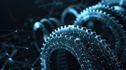Digital polygonal mesh with dots, lines, and shapes of abstract modern 3D gear wheels in dark background. Mechanical technology machine engineering wireframe.