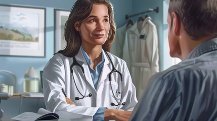 Obraz premium Friendly female doctor with a welcoming smile engaging in a consultation with a male patient in a medical office