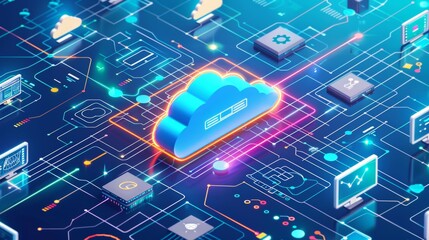 Conceptual illustration of cloud computing connectivity, various devices connected to a cloud, colorful and simple iconography