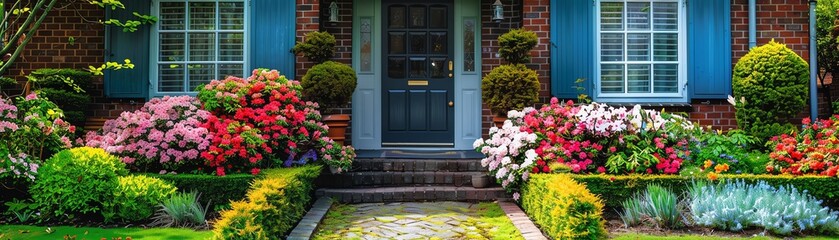 Beautiful garden with blooming flowers and a welcoming front door