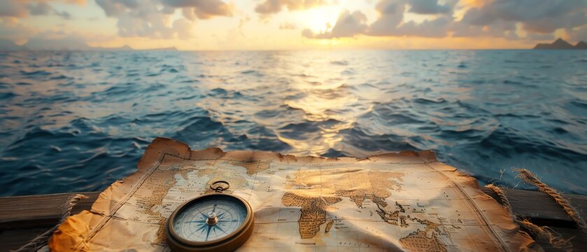 An explorers old map and compass on a wooden raft at sea, suggesting adventure and discovery