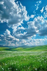 Fototapeta premium Expansive green meadows stretching under a blue sky with a majestic cloudscape overhead