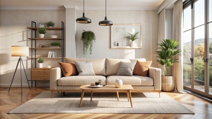 Sleek beige sofa anchors modern minimalist apartment with Scandinavian-inspired decor, neutral tones, and abundance of natural light pouring in.