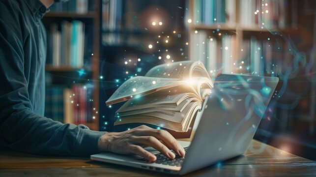 Person use laptop with virtual E-book icons for electronic books online, knowledge base on internet.