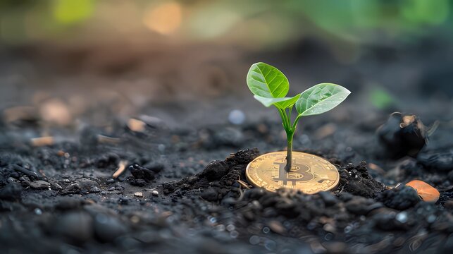 A vibrant seedling sprouting from a coin lying on the ground, symbolizing the concept of green investment. The scene captures the essence of financial growth and sustainable investing.
