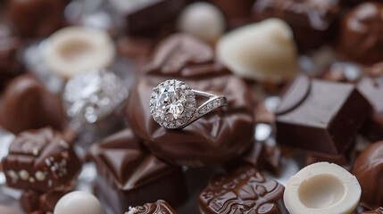Chocolate candies with diamond ring, close-up shot.