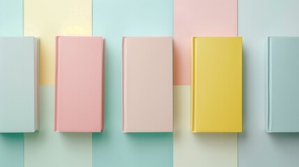 set of colorful books, A background with arranged books and notes, stationery background suitable for students or professionals