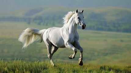 Obraz premium In the expansive green pasture, a magnificent white stallion gallops freely, its mane flowing like a banner of freedom in the wind.