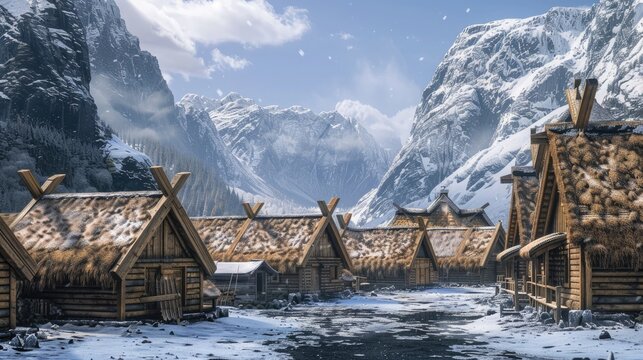 An ancient Viking longhouse with thatched roofs and timber walls, surrounded by snow-covered fjords and towering mountains.