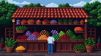 Pixelated bazaar with people buying spices and textiles, pixel art, rich colors, 8bit, vibrant and bustling