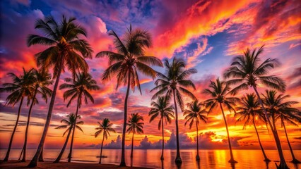 Obraz premium Vibrant orange and pink hues of a serene sunset backdrop with majestic palm trees, creating a romantic atmosphere.