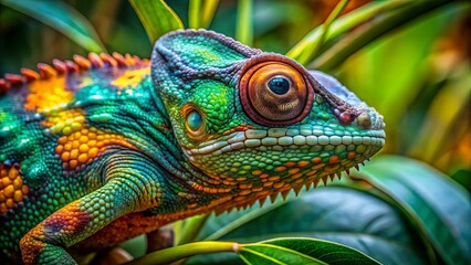 Obraz premium Vibrant, camouflage-adorned chameleon's scales shimmer in shades of emerald, amber, and turquoise, blending seamlessly with lush, tropical foliage surroundings.