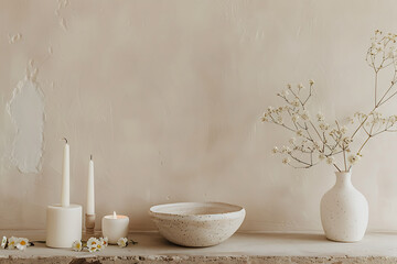 Blank round stone podium table, tropical tree branch glass vase, wooden bowl in sunlight on beige brown stucco wall, parquet floor for luxury cosmetic