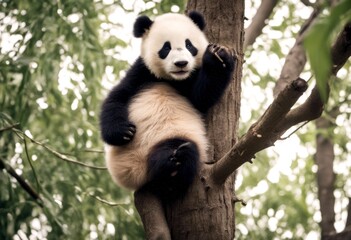 Obraz premium panda sitting looking tree cub baby zoo china giant nature mammal cute bear wildlife bamboo