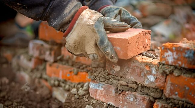 A bricklayer is wearing yellow gloves and is laying a brick on a wall.