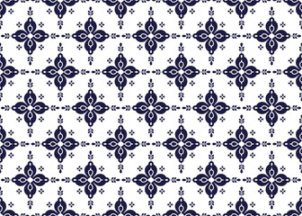 dark blue symbol floral on White background, ethnic fabric seamless pattern design for cloth, carpet, batik, wallpaper, wrapping etc.