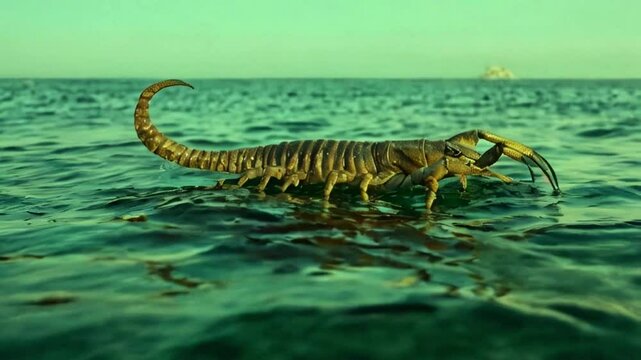 Giant deadly sea scorpion on beach water wildlife videography generative AI