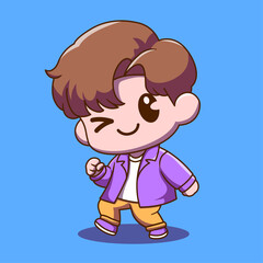 illustration of a chibi boy wearing a purple shirt dancing