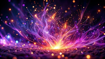Fototapeta premium Mesmerizing macro shot of vibrant violet flame with iridescent particles intricately swirling like fireflies on a mystical dark background.
