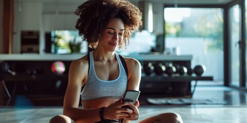 A woman at the gym uses a hightech touchscreen to explore data visuals, offering a modern fitness experience AIG62