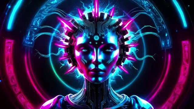 Digital metal female robot with glowing neon light around head and circles of strip light in the background robot goddess evil resurrection generative AI