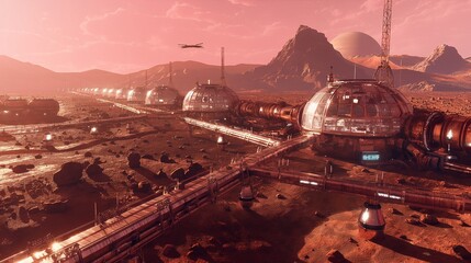 A colony on Mars with pressurized living modules, interconnected with walkways and equipped with life-support systems, under a pink Martian sky.