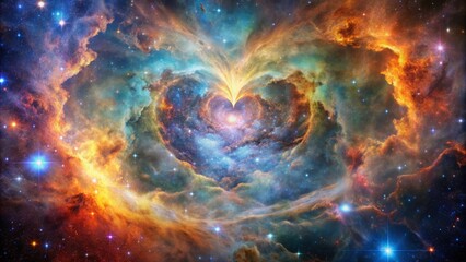 Vibrant swirling clouds of gas and dust in Heart Nebula's center shine bright amidst a kaleidoscope of colorful stars and twinkling lights.