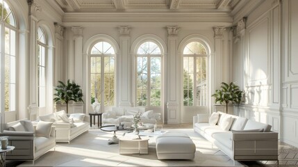 Elegant classic living room with large windows and luxurious white sofas, traditional paneling on walls, bright and airy