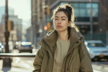 Fototapeta premium Young woman in olive jacket on city street, messy bun hairstyle, serious expression, urban background.