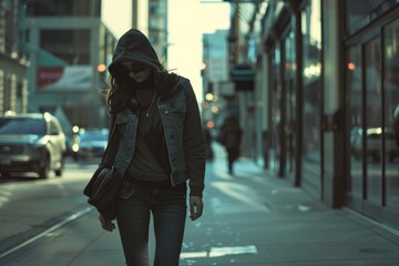 A hooded figure walks alone on a city street at dusk, wearing a denim jacket and sunglasses. The urban setting creates a moody atmosphere.