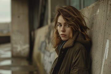 Obraz premium A pensive young woman leans against a concrete wall, her tousled brown hair framing her face. She wears a warm coat with a fuzzy collar on a cool day.