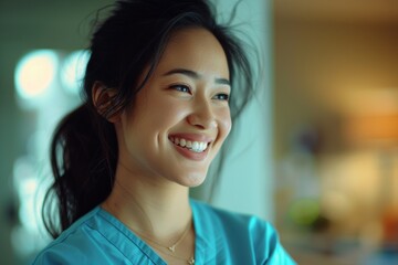 Fototapeta premium A radiant smile illuminates the portrait of a young woman in a teal top, her dark hair framing her face as she looks off-camera with joy.
