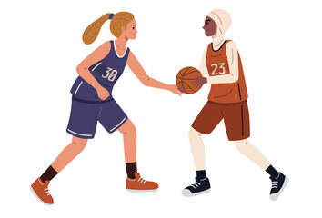 Two Diverse Women Playing Basketball on the Court.