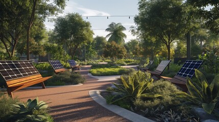 Naklejka premium A community park with integrated solar benches that charge mobile devices and provide Wi-Fi, surrounded by lush plants and walking paths.