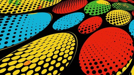 A comic book-inspired halftone pattern with oversized, bold dots in primary colors, creating a punchy backdrop that captures the essence of vintage comics.