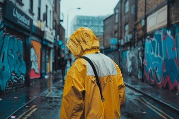 Obraz premium A person in a bright yellow raincoat walks through a gritty urban alleyway adorned with colorful graffiti on a rainy day.