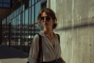 Fototapeta premium A stylish woman in sunglasses and a white shirt stands confidently in an urban setting with glass windows behind her.