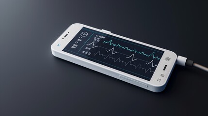 A compact home ECG device connected to a smartphone, displaying a live ECG feed and analysis for remote cardiac monitoring.