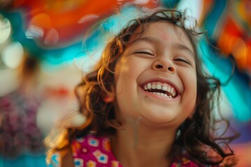 A joyful child laughing heartily, with curly hair and a colorful background. The image captures pure happiness and innocence.