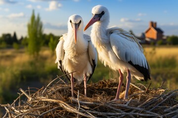 Two storks perched in a nest on a tall wooden post in the middle of a vast open field