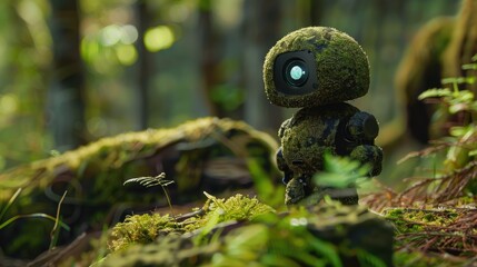 Fototapeta premium A cute tiny modern robot is strolling through the woods; its body is constructed of green moss