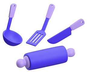 Kitchenware 3d icon set. Kitchen utensils for cooking. Isolated icons, cutlery, spatula, rolling pin, ladle. Objects on transparent background