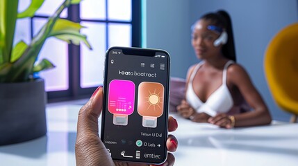 A compact skin patch that monitors UV exposure and vitamin D levels, shown with a mobile app displaying sun exposure recommendations and health tips.