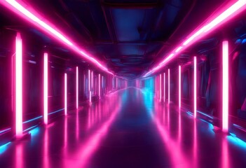 reflection panorama hdri mapping blue floor reflecting neon tunnel 3d 360 long tubes interior glowing walls light futuristic rendering underground pink panoramic projection background abstract