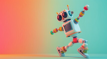 A funny plasticine robot dances on a colored background