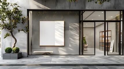 A modern minimalist store front with a large blank white poster on the wall, a tree in a planter box outside the window, a light grey stone floor, glass doors and windows.