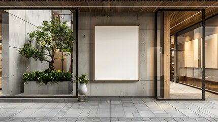 A modern minimalist store front with a large blank white poster on the wall, a tree in a planter box outside the window, a light grey stone floor, glass doors and windows.